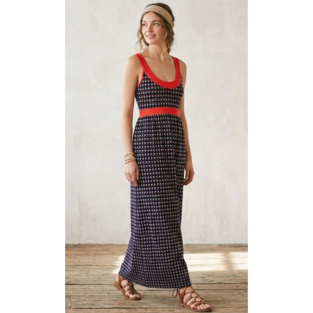 Sleeveless Navy Printed Maxi Dress with Red Trim